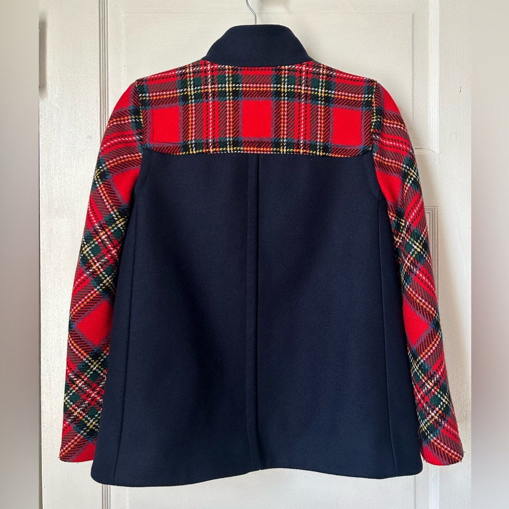 J. Crew Colorblock Shetland Wool Navy Jacket w Red Plaid Arms - Picture 2 of 12